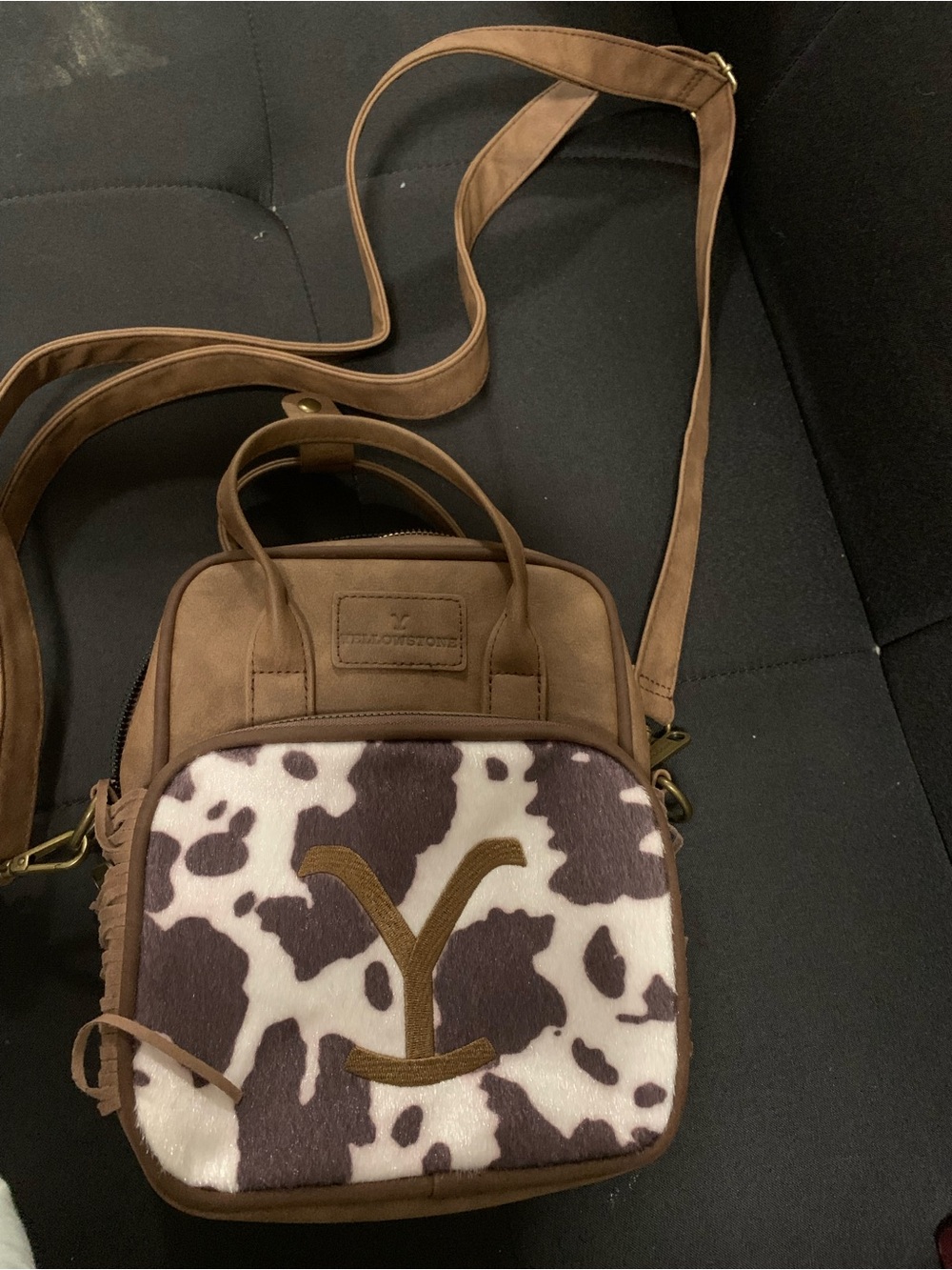 Yellowstone brown Faux-Suede Crossbody Bag with Cow-Print Front Panel